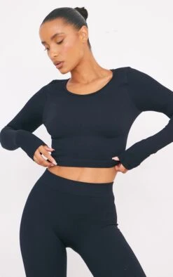 Prettylittlething Black Structured Snatched Ribbed Round Neck Long Sleeve Crop Top