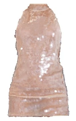 Nude Sequin High Neck Backless Bodycon Dress -Pretty Little Thing Shop 8b556005769236747fe79924c536e774ce4112e7 cng5169 5