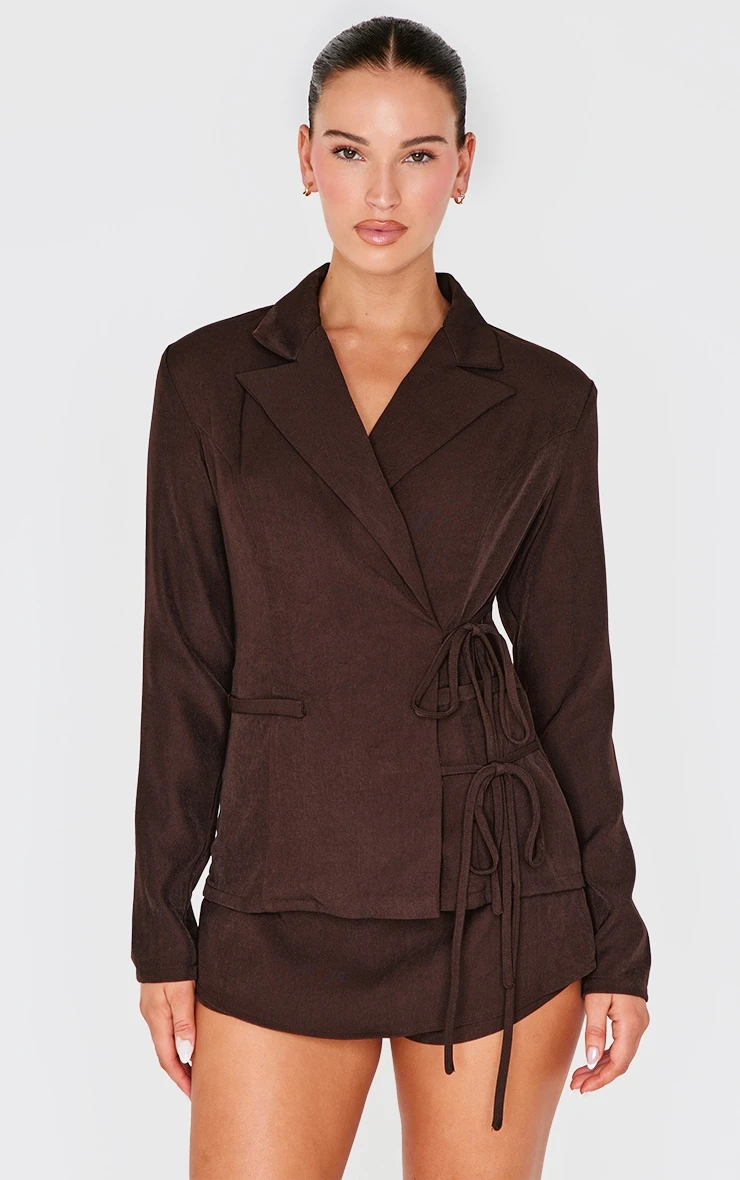 Prettylittlething Dark Chocolate Premium Tailored Woven Wrap Front Romper 1 Prettylittlething Dark Chocolate Premium Tailored Woven Wrap Front Romper