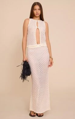 Prettylittlething Ecru Crochet Knit Maxi Skirt