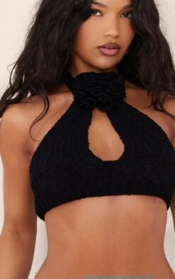 Prettylittlething Black Crochet Knit Floral Applique Cut Out Top