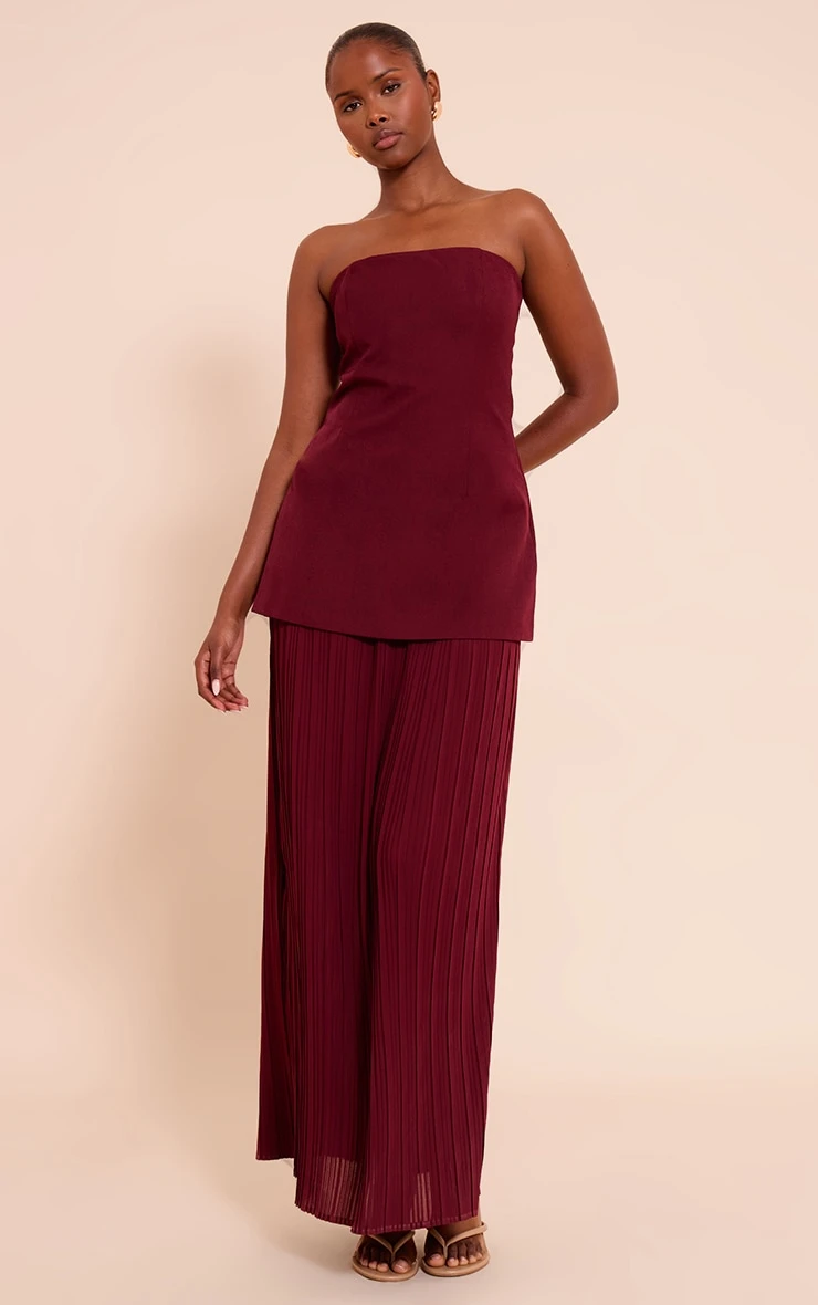 Prettylittlething Burgundy Bandeau Pleated Chiffon Skirt Panel Maxi Dress