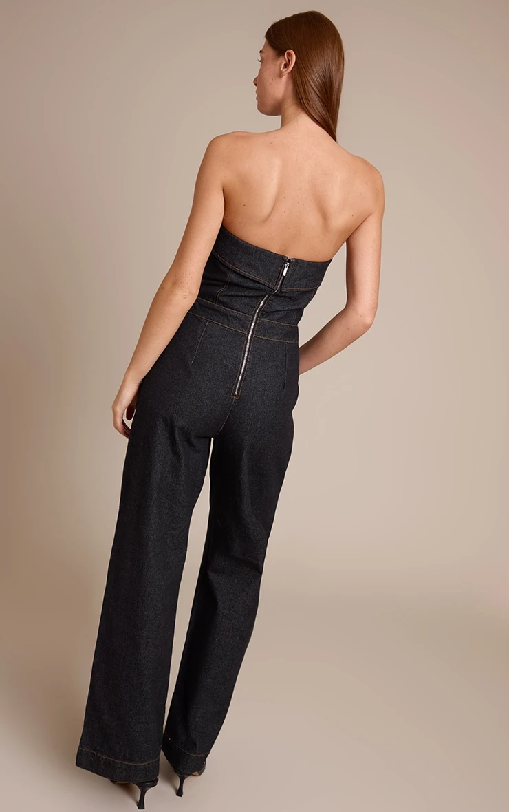 Prettylittlething Raw Indigo Wash Fold Over Bandeau Denim Jumpsuit - Image 2
