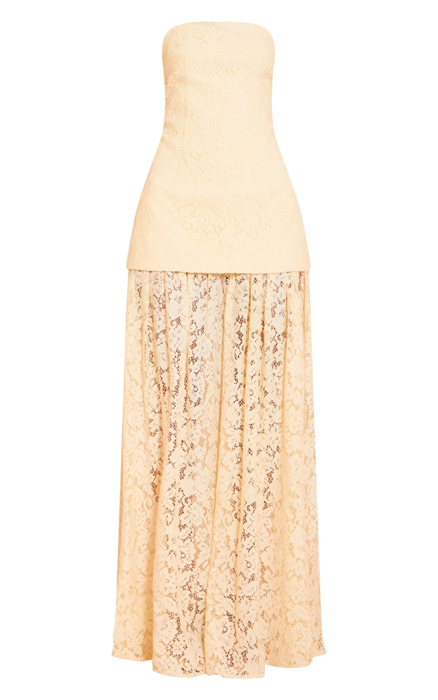 Prettylittlething Lemon Lace Sheer Skirt Panel Bandeau Midaxi Dress - Image 5