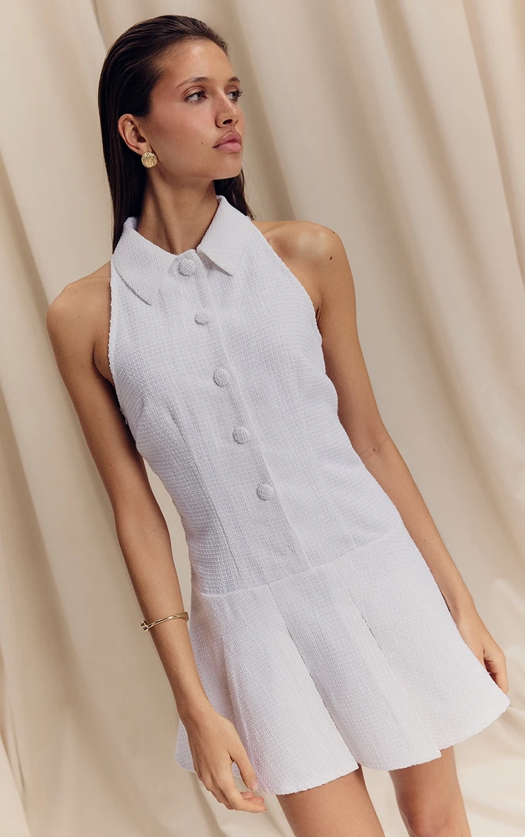 Prettylittlething White Boucle Pleated Skater Dress 4 Prettylittlething White Boucle Pleated Skater Dress - Image 4