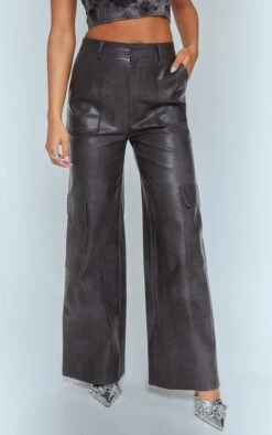Prettylittlething Washed Black Faux Leather Pocket Wide Leg Cargo Pants