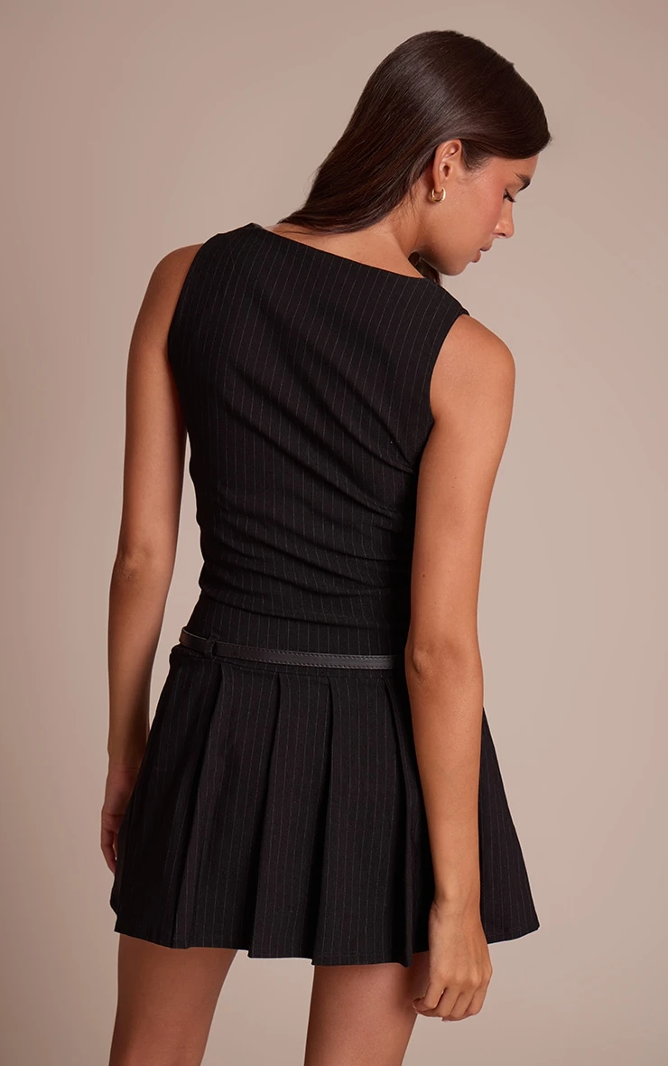 Black Pinstripe Stretch Woven Boat Neck Belted Shift Dress - Image 2