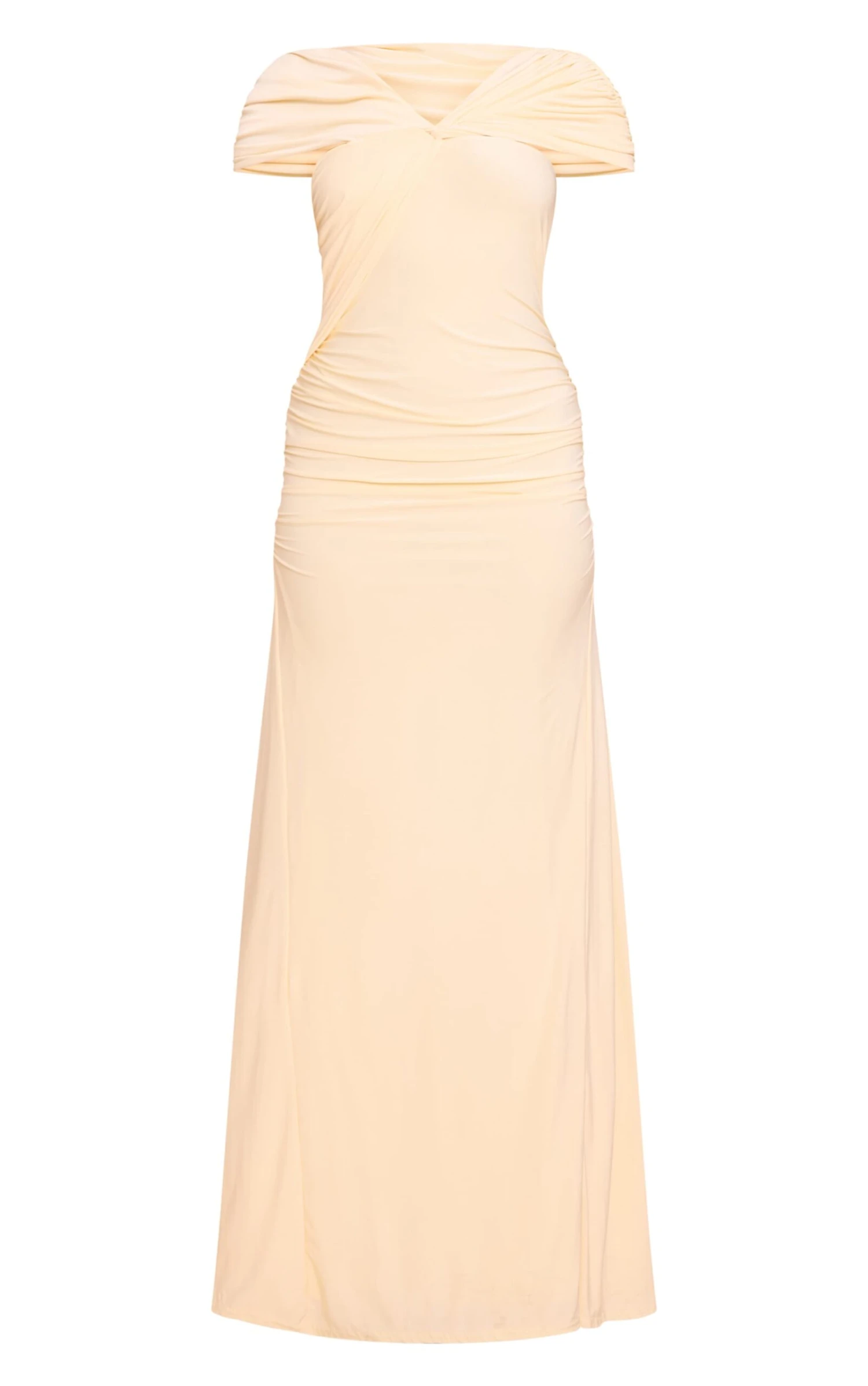 Prettylittlething Lemon Double Layer Slinky Asymmetric Ruched Maxi Dress - Image 5