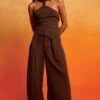 Prettylittlething Chocolate Linen Look Pleated Tailored Wide Leg Pants