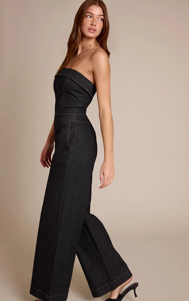 Prettylittlething Raw Indigo Wash Fold Over Bandeau Denim Jumpsuit - Image 3