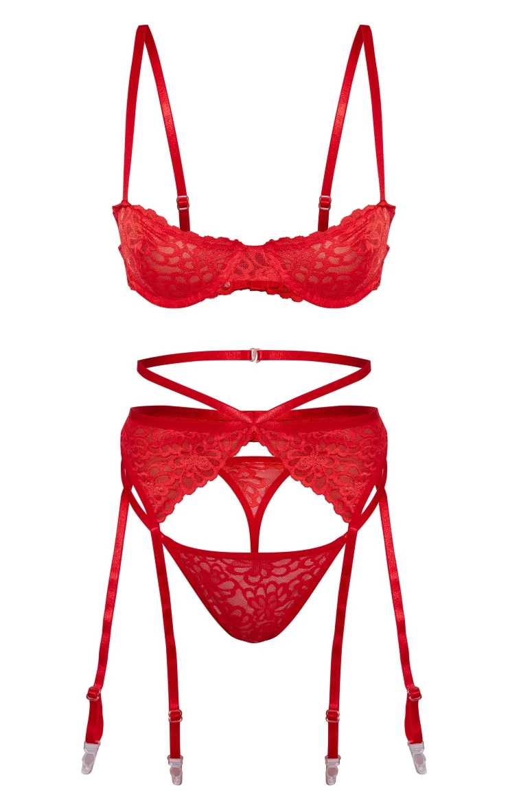 Prettylittlething Red Floral Scalloped Edge Lace 3 Piece Lingerie Set 5 Prettylittlething Red Floral Scalloped Edge Lace 3 Piece Lingerie Set - Image 5