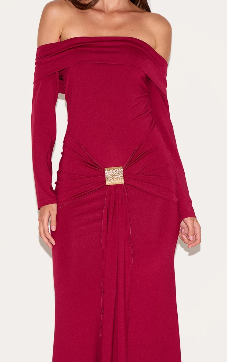 Prettylittlething Deep Red Bardot Long Sleeve Trim Drape Detail Maxi Dress 4 Prettylittlething Deep Red Bardot Long Sleeve Trim Drape Detail Maxi Dress - Image 4