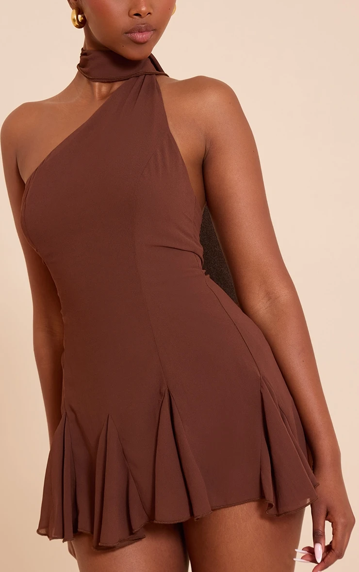 Prettylittlething Chocolate Chiffon Godet Neck Scarf Skort Romper - Image 4