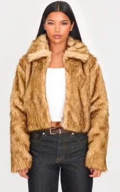 Prettylittlething Brown Natural Faux Fur Collar Detail Zip Up Jacket