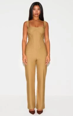 Prettylittlething Khaki Woven Corset Binding Strappy Straight Leg Jumpsuit