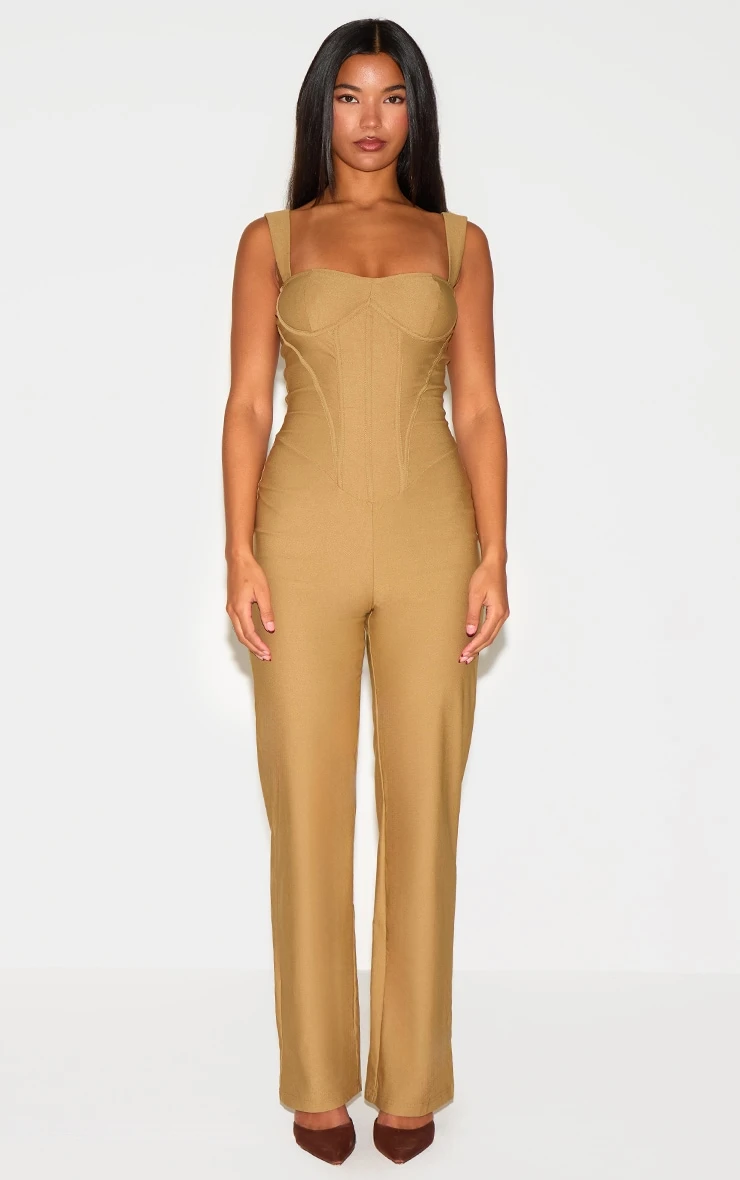 Prettylittlething Khaki Woven Corset Binding Strappy Straight Leg Jumpsuit 1 Prettylittlething Khaki Woven Corset Binding Strappy Straight Leg Jumpsuit