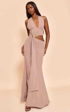 Prettylittlething Taupe Textured Plunge Trim Maxi Dress