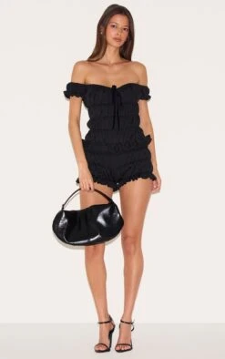 Prettylittlething Black Extreme Ruched Bardot Romper -Pretty Little Thing Shop 8e085a55849650d26fbc3e42cb76912189125074 CNL9245 3 black extreme ruched bardot playsuit