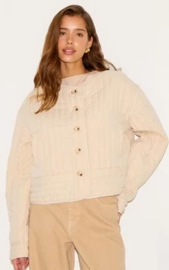 Prettylittlething Stone Button Up Round Neck Quilted Jacket