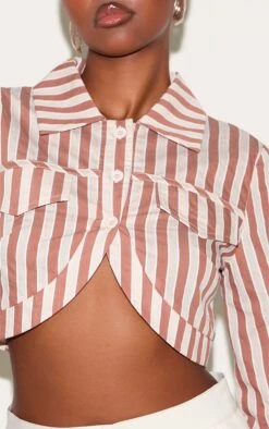 Prettylittlething Brown Striped Curved Hem Cropped Shirt -Pretty Little Thing Shop 8e0ceb67f09fee59cbc5f99f2136a690fa831f51 CNM2510 4 brown striped curved hem cropped shirt