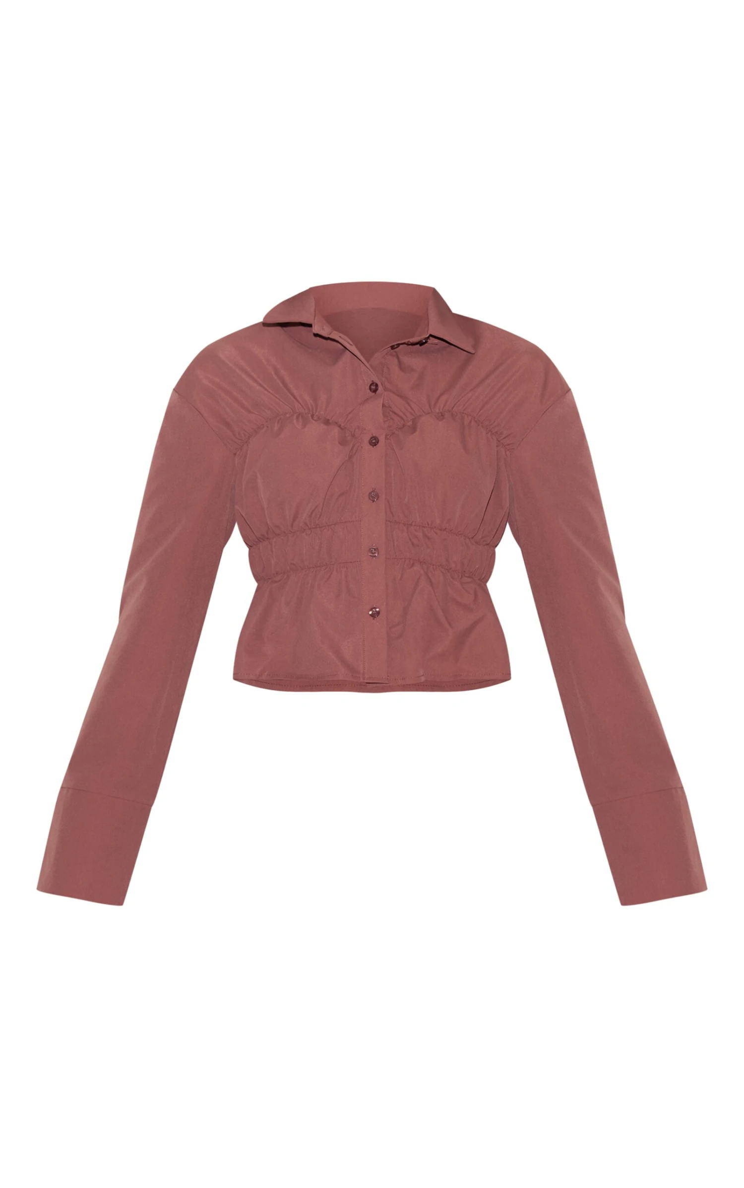 Prettylittlething Dark Brown Shirred Shirt 5 Prettylittlething Dark Brown Shirred Shirt - Image 5