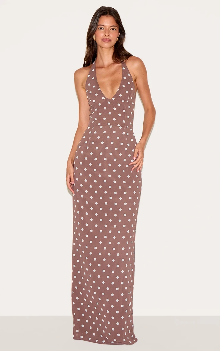 Prettylittlething Chocolate Chiffon Polka Dot Printed Plunge Neck Maxi Dress