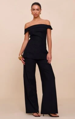 Prettylittlething Black Textured Tailored Wide Leg Pants