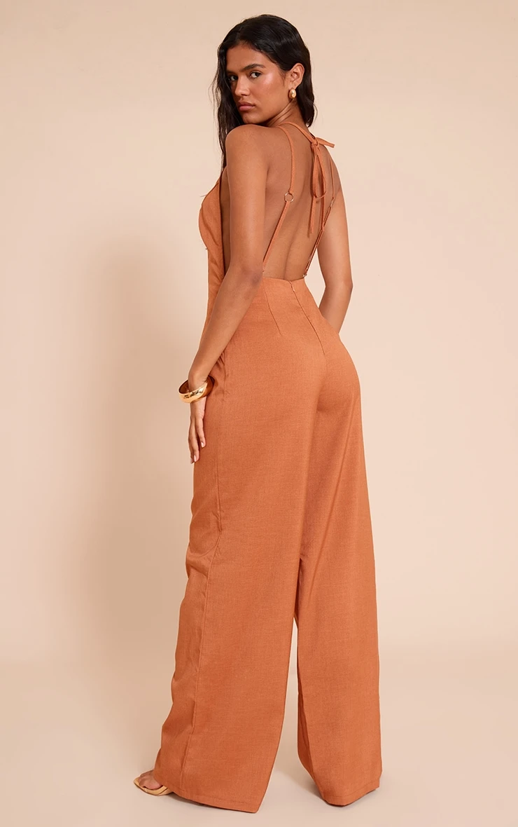 Prettylittlething Rust Textured Woven Halter Neck Jumpsuit 2 Prettylittlething Rust Textured Woven Halter Neck Jumpsuit - Image 2