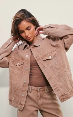 Prettylittlething Washed Taupe Oversized Boyfriend Denim Jacket