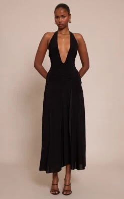 Prettylittlething Black Plunge Ruched Midaxi Dress