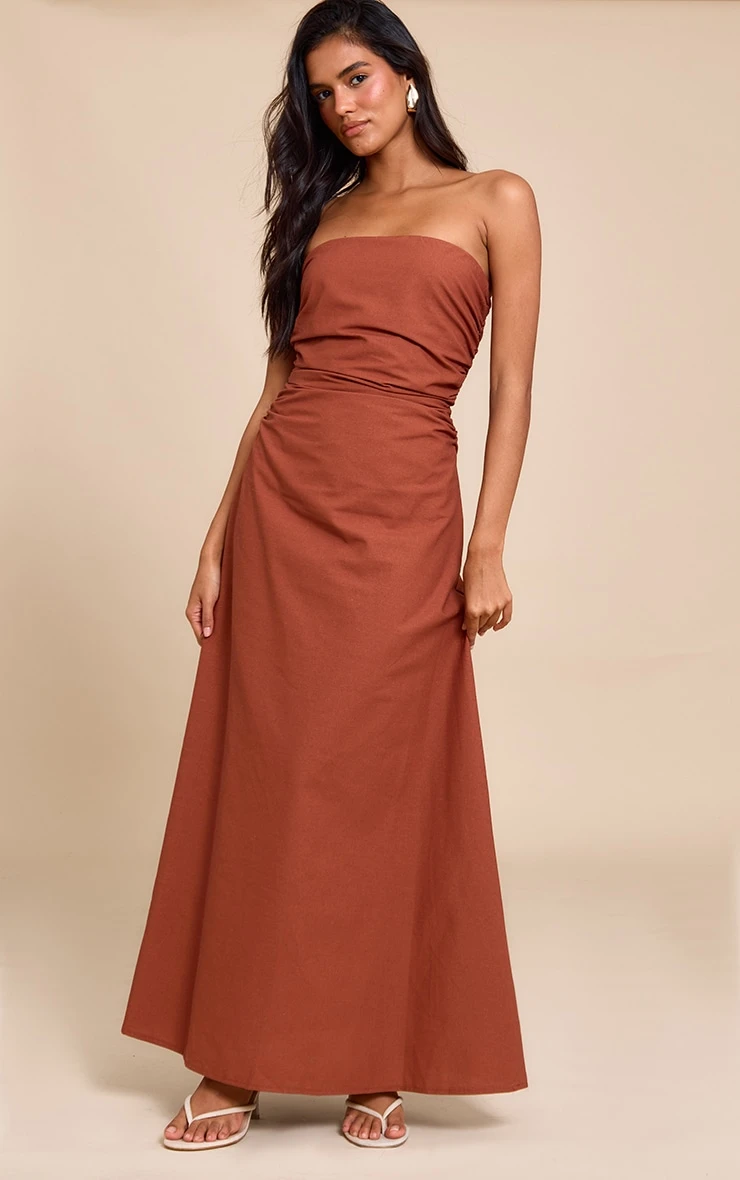 Prettylittlething Rust Bandeau Ruched Waist Detail Maxi Dress 1 Prettylittlething Rust Bandeau Ruched Waist Detail Maxi Dress