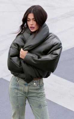 Prettylittlething Khaki Exaggerated Collar PU Cropped Puffer Coat