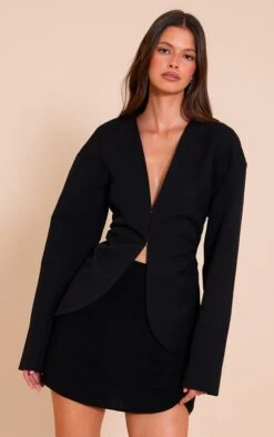 Prettylittlething Black Cinched Waist Stretch Blazer