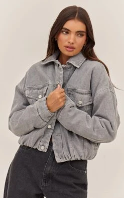 Prettylittlething Grey Balloon Hem Quilted Cropped Denim Jacket