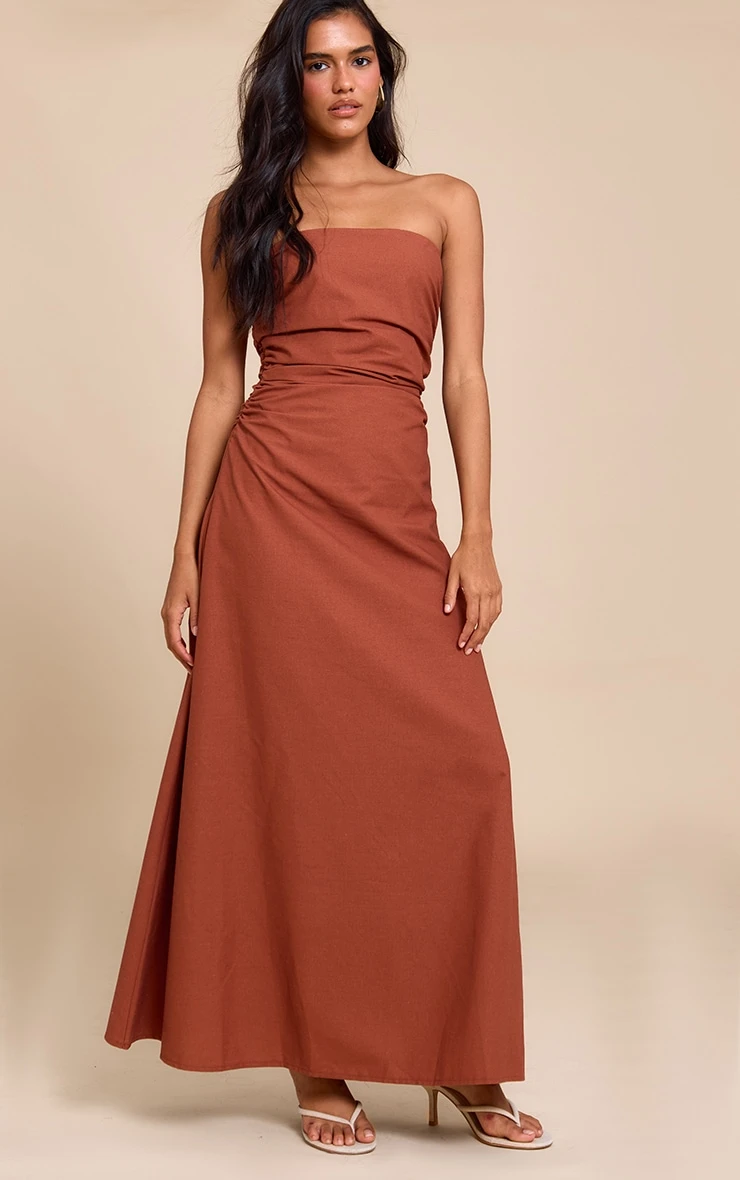 Prettylittlething Rust Bandeau Ruched Waist Detail Maxi Dress 3 Prettylittlething Rust Bandeau Ruched Waist Detail Maxi Dress - Image 3