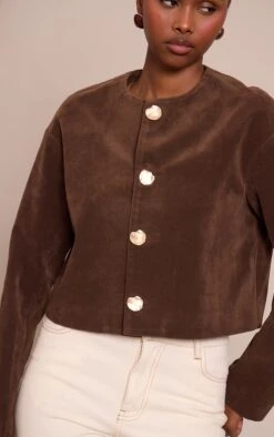 Prettylittlething Chocolate Round Neck Gold Button Suede Jacket