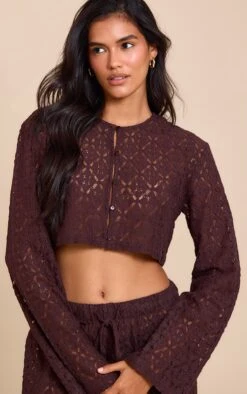 Prettylittlething Brown Lace Button Detail Crop Top
