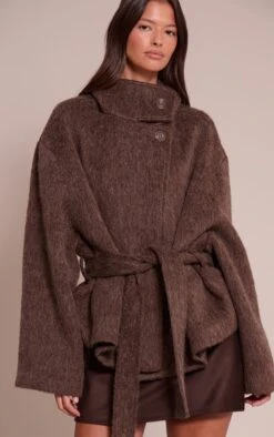 Prettylittlething Chocolate Faux Brushed Wool Tie Waist Coat