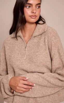 Taupe Half Zip Soft Knit Sweater