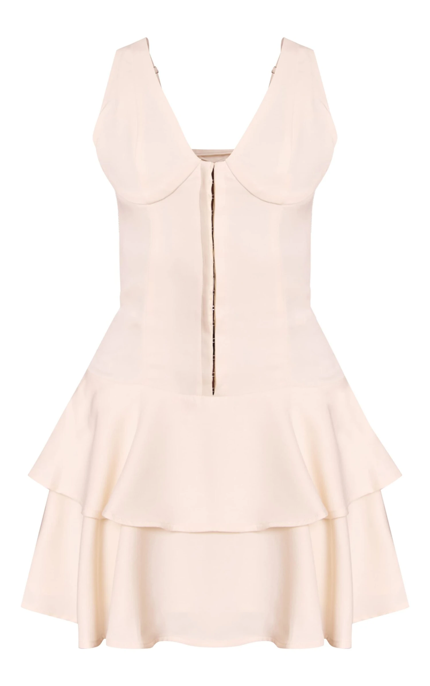 Prettylittlething Cream Woven Corset Detail Tiered Mini Dress - Image 5