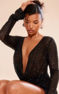 Black Sequin Cowl Neck Long Sleeve Romper 8 Black Sequin Cowl Neck Long Sleeve Romper -Pretty Little Thing Shop 912167268d10ffc3b7538f0d1134e185125f7cdd cng6208 4