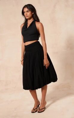 Prettylittlething Black Cotton Volume Puffball Midi Skirt