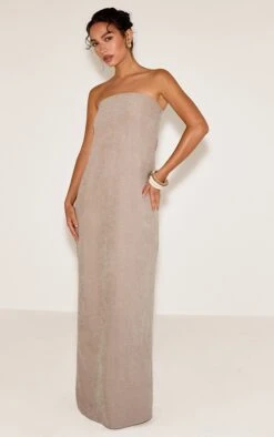 Prettylittlething Stone Textured Bandeau Column Maxi Dress