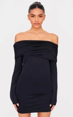 Prettylittlething Black Matte Sculpt Double Layer Foldover Bardot Long Sleeve Mini Dress