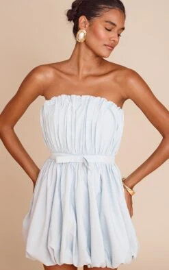 Prettylittlething Light Blue Bow Detail Puffball Mini Dress
