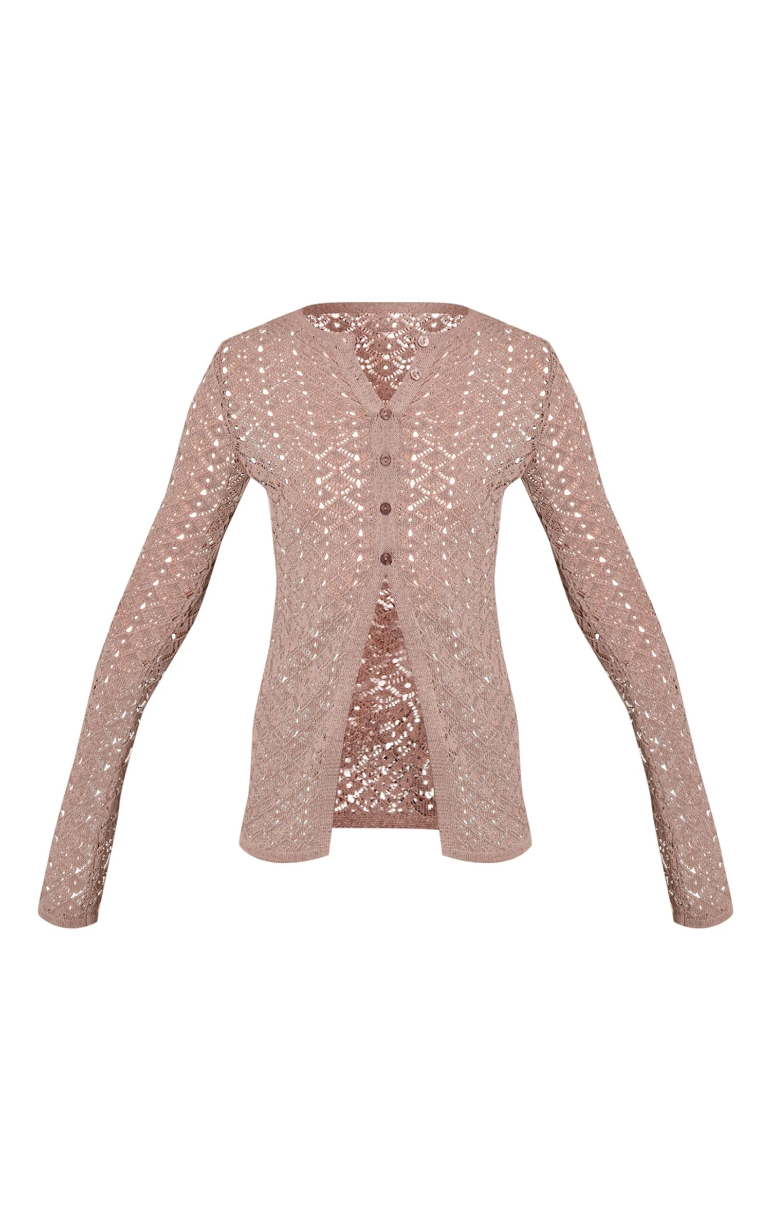 Taupe Crochet Knit Long Sleeve Cardigan 5 Taupe Crochet Knit Long Sleeve Cardigan - Image 5