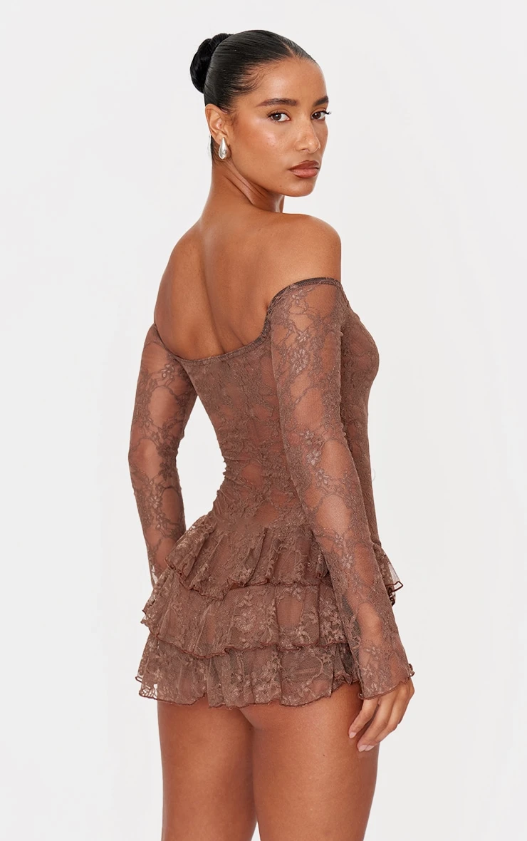 Prettylittlething Chocolate Lace Bardot Rara Skort Romper 2 Prettylittlething Chocolate Lace Bardot Rara Skort Romper - Image 2