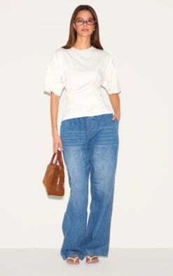 Prettylittlething Mid Blue Elasticated Waistband Wide Leg Jeans