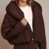 Prettylittlething Dark Chocolate Exaggerated Collar Shell Puffer Jacket