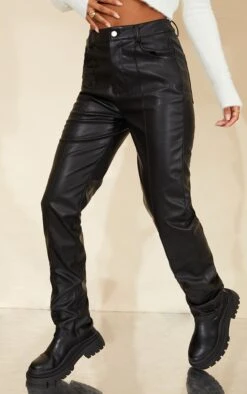 Prettylittlething Black Faux Leather Button Straight Leg Pants